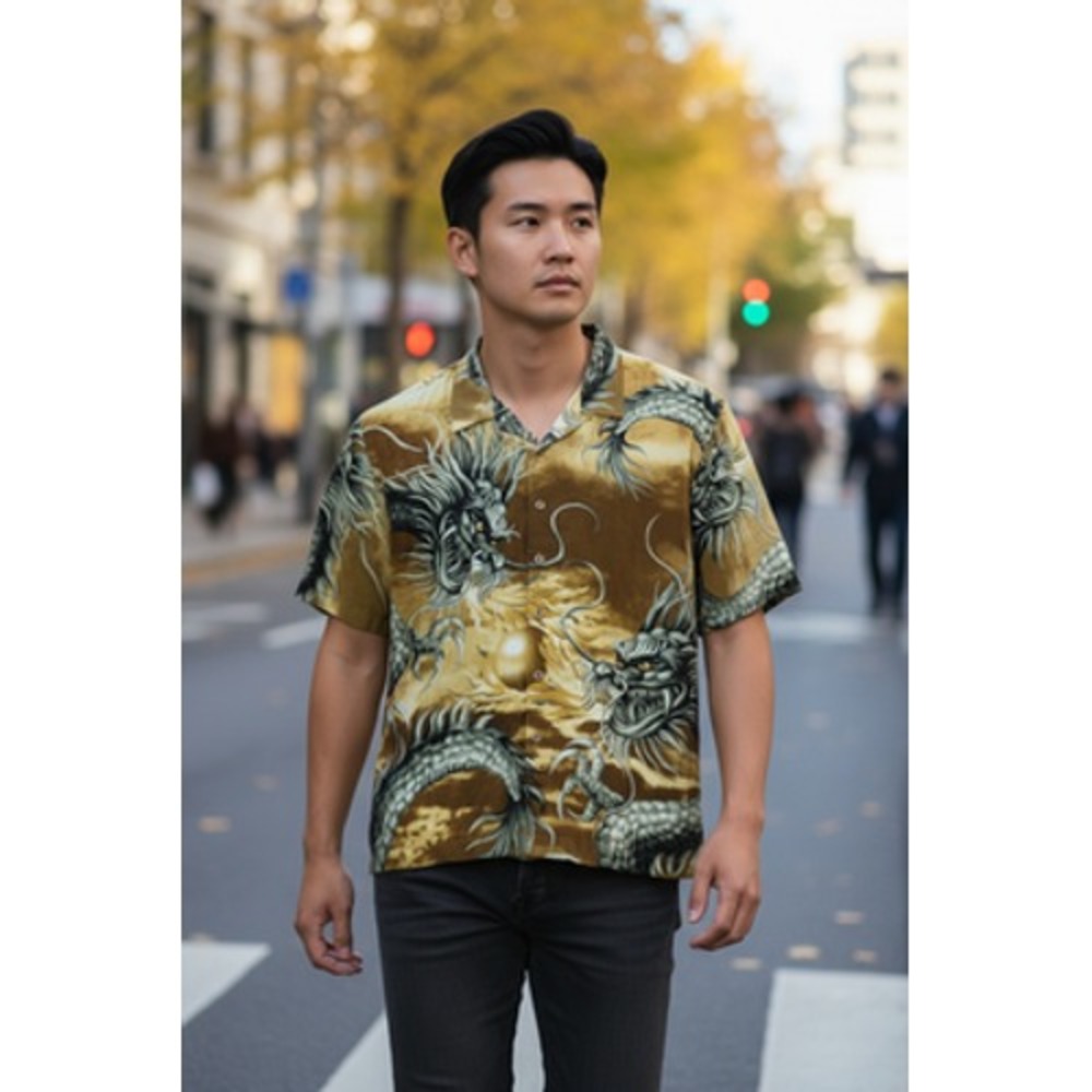 Vintage No Boundaries Camp Shirt Mens Small Brown Dragon Hawaiian Y2K Art